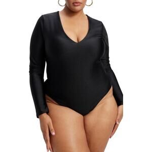 Good American High Shine Compression Deep V-Neck Long Sleeve Bodysuit Plus XXL